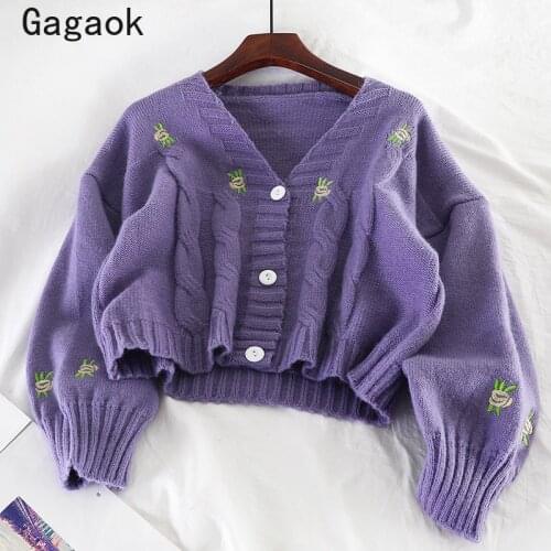 Gagaok Women Knitted Cute Fashion Loose Sweater Spring Autumn V-Neck Lantern Sleeve Embroidery Floral Harajuku Female Cardigan