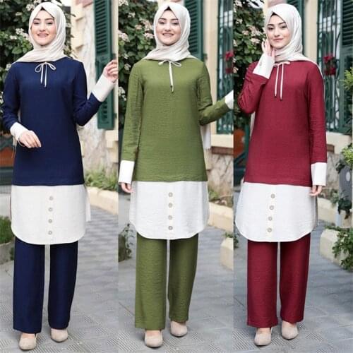 Muslim Women\s Dress Set 2021 Dubai Abaya Malay Turkey Fashion Two Pieces Suit Set Long Sleeve Top Long Pants Kaftan Clothing