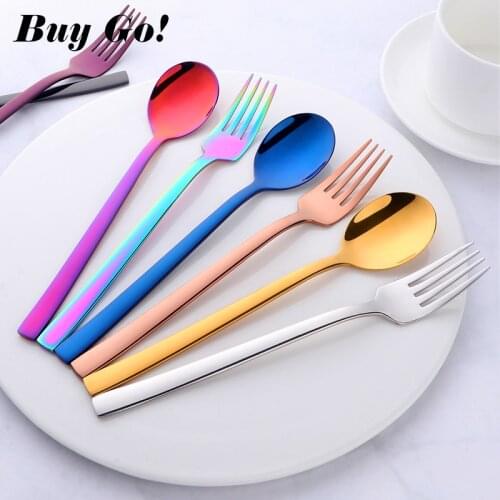 Stainless Steel Children Students Gift Tableware Sets Long Handle Portable Kids Fork Soup Scoop Rainbow Adult Dinnerware Set