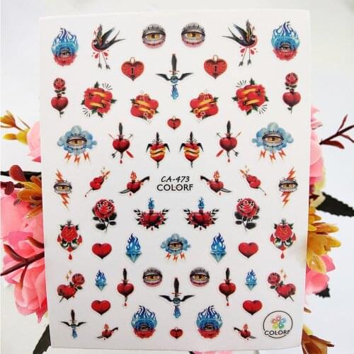 Nail Art Sticker 3D Eyes Dagger Rose Heart Stickers for Nails Decoraciones Designer Adhesive Foil Decals Manicure Accessories
