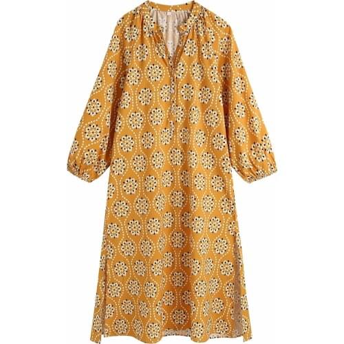 2021 Summer women casual Side split vintage Dresses Totem Printed Middle length Vestidos long sleeve Baggy Oversize Midi Dress