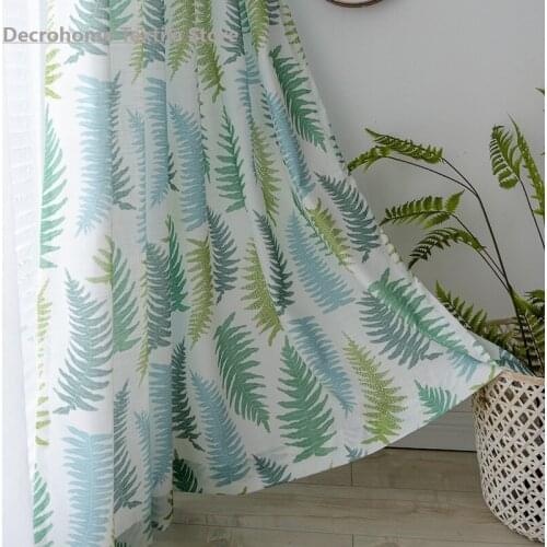 Ferns Green Color Cotton Linen Northern European-Style Printed Semi-Blackout Curtains for Living Room Bedroom Partition Curtain