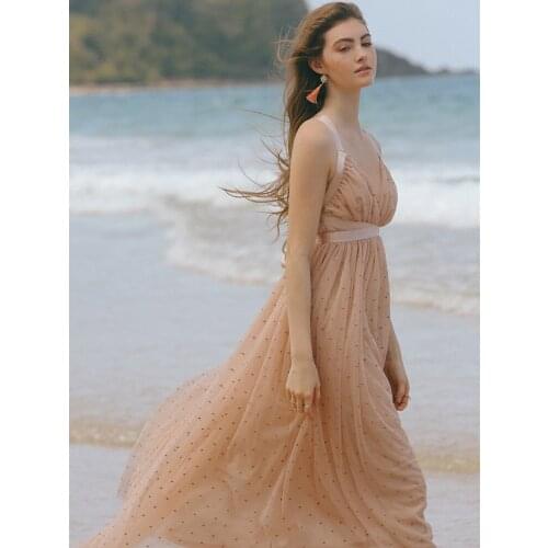 Sundress Womens Summer Sexy Cross Backless Elegant Slim Beach Causal Boho Embroidery Polka-Dot Mesh Long Slip Dress