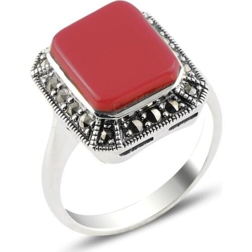Silver 925 Sterling Red Agate & Marcasite Ring