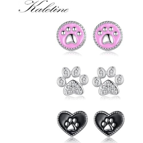 KALETINE Cute Heart Cat Paw Zircon 925 Sterling Silver Stud Earrings for Women Vintage Animal Footprint Earrings Gift For GIrl