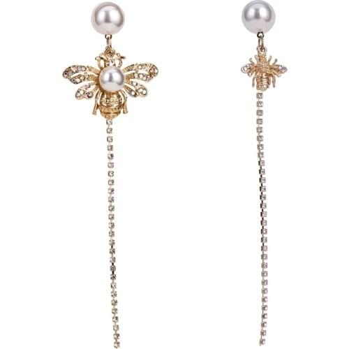 Cute Vintage Fashion Crystal Honey Bee Insect Asymmetrical Earrings For Women Romantic Simulated Pearl Alloy Bee Earings Jewelry