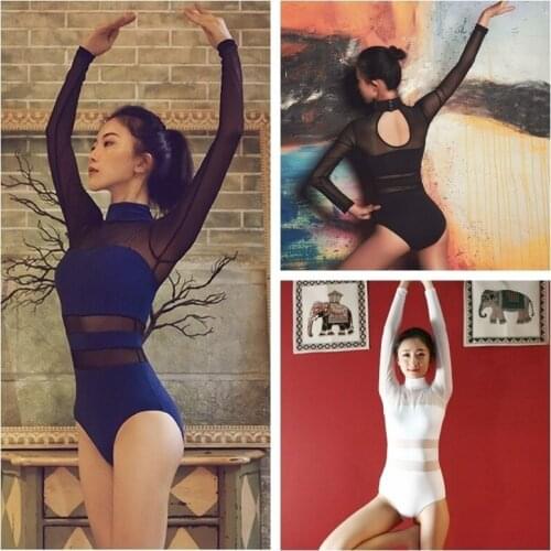 Women Ballet Dance Leotard Bodysuit Long Sleeve Mesh Tops Yoga Gymnastics Dancewear Multicolor Practice Bodysuit 912-A596