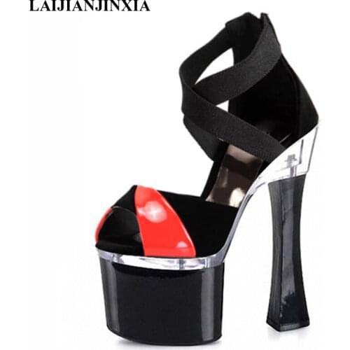New 18 cm cross strap upper heel pumps, stage girl ultra high heel sandals, black, square heel Dance Shoes