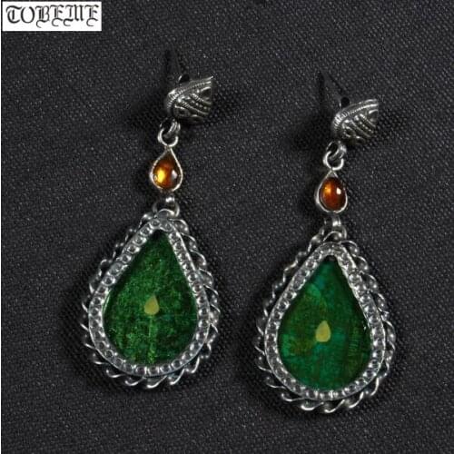 Old Handmade Indian 925 Silver Earrings Vintage 925 Sterling Glaze Bohemia Women Earrings Ethnic Dangle Earrings