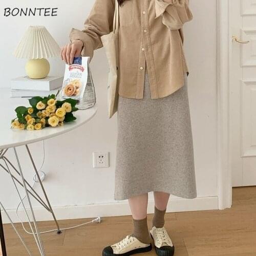 Skirts Women Solid A-line Mid-calf Retro Split Elegant New All-match Korean Style Student Soft Fashion Slim Leisure Chic Autumn