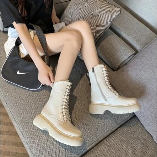 2021 NEW Brand Autumn Platform Shoes Genuine Leather Boots For Women Boots Zip Up Shoes Lace Motorcycle Boot Thick Sole