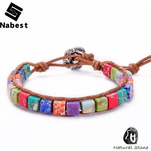 Women Men Natural Stone Colorful Tube Beads Bracelets Chakras Yoga Handmade Genuine Leather Wrap Lotus Clasp Boho Jewelry Gifts