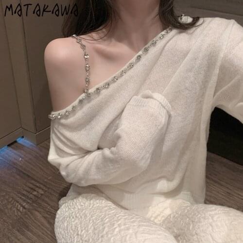 MATAKAWA Irregular Sweater Women French Long Sleeve Womens Pullovers Spring Loose Casual Solid Woman Sweaters