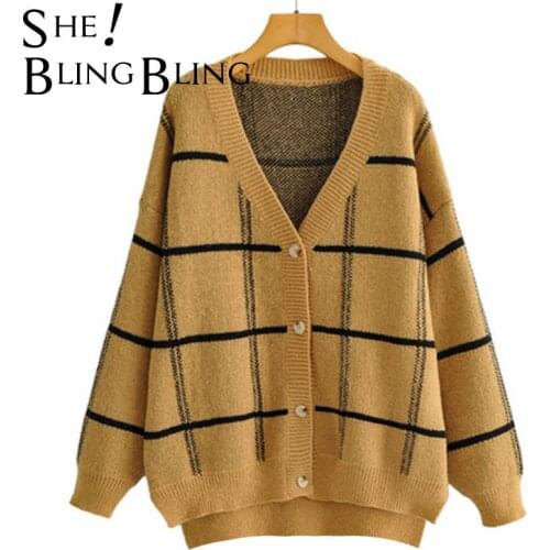 SheBlingBlingZa Woman 2021 Plaid Traf Knitted Cardigan Sweater Women Lantern Sleeve Casual Loose Jumper Autumn Winter V Neck
