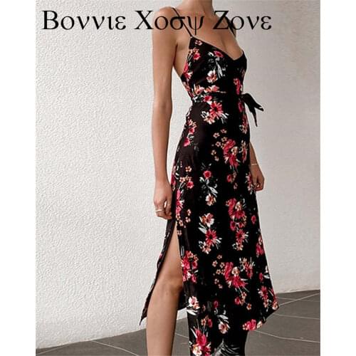 Women Spaghetti Strap Square Neck Floral Print Strap Slit Strappy Long Dress Chic Casual Maxi Dresses