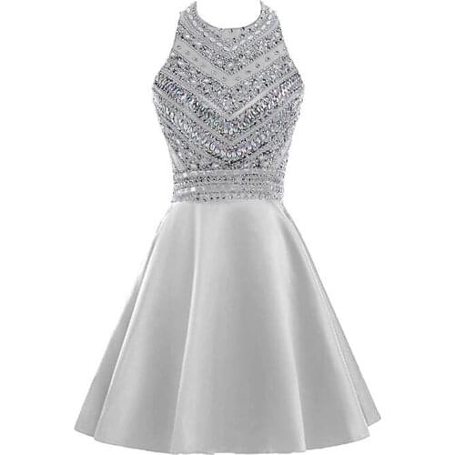 Short beaded prom dress silver sleeveless knee length bridesmaid dress Womens dresses support customization