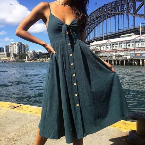 2018 Sexy Bow Backless Polka Dots Print Beach Summer Dress Women Cotton Deep V Neck Buttons blue green Off Shoulder Midi Dresses
