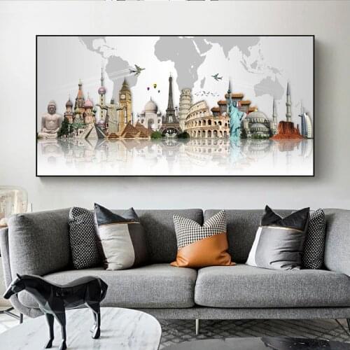 Famous Buildings World Tourist Attractions Map Canvas Painting Posters and Prints Wall Art Picture for Living Room Decor Cuadros