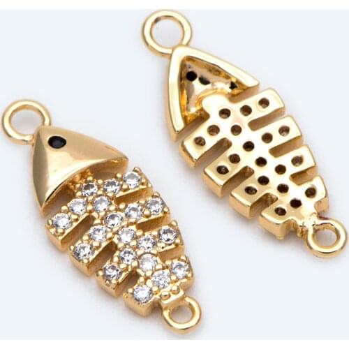 10pcs CZ Paved Gold Fishbone Connector, CZ Fishbone Pendant, Cubic Zirconia Fishbone, Skeleton Pendant (GB-1820)