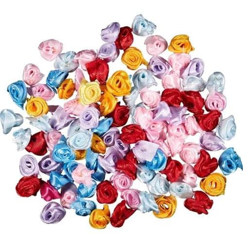 100PCS/Lot Mini Handmade Satin Rose Ribbon Rosettes Fabric Flower Appliques For Wedding Decoration Craft Sewing Accessories CNIM