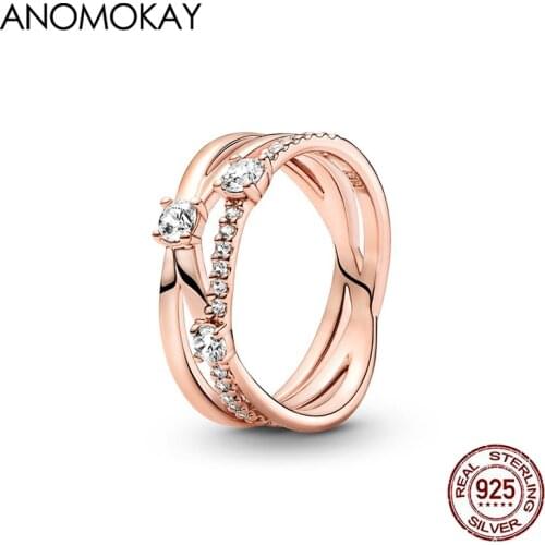 Anomokay Trendy White Crystal Three Loops Interweaving Rose Gold Color Rings for Mom Women Gift 100% 925 Silver Ring Jewelry