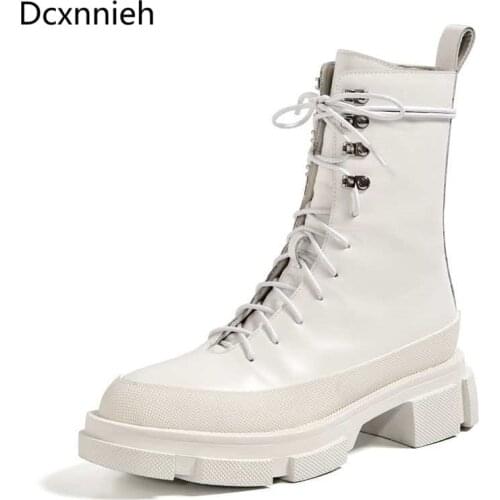 WhiteThick Sole Ankle Boots Women Lace Up Genuine Leather Round Toe Chelsea Boots Woman Knight Boots Woman Runway Winter Boots