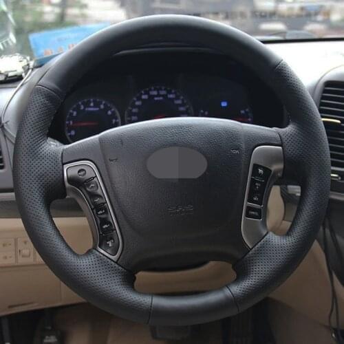 Car Steering Wheel Cover Non-slip Hand-Stitched Soft Black Genuine Leather Wrap For Hyundai Santa Fe 2012