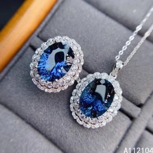 KJJEAXCMY Fine Jewelry 925 Sterling Silver Inlaid Natural London Blue Topaz women luxury classic large gem Ring Pendant Set supp