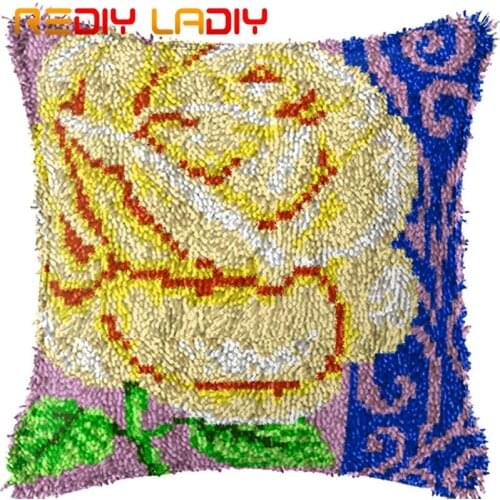 Latch Hook Cushion Cream Rose Pre-Printed Canvas Cushion Front Acrylic Yarn Crochet Pillow Case Kits Sofa Bed Pillows Home Decor