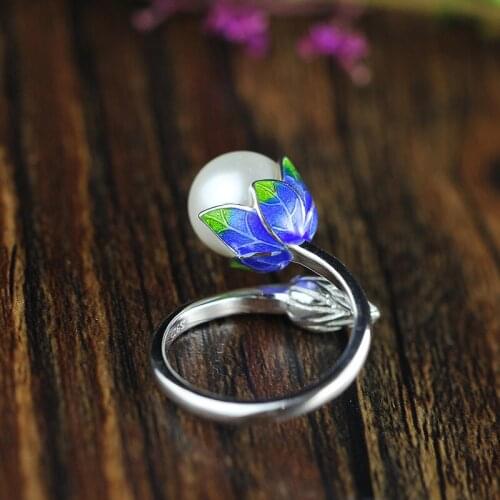 L&P Fashion Ring Pearl Jewelry Cloisonne Flower Rings Natural Freshwater Pearl 925 Sterling Silver Jewelry For Women Gift