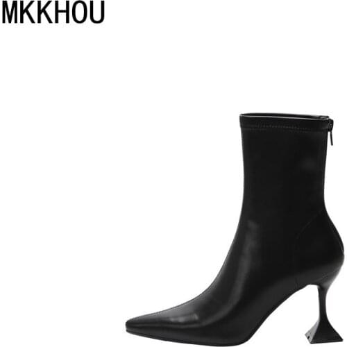 MKKHOU Fashion Short Boots Women New Simple Pointed Toe Wineglass 7cm High Heel Stretch Boots Ladies All-match Mid-tube Boots