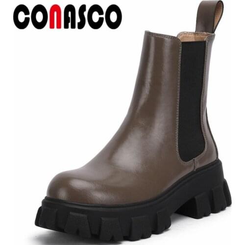 CONASC Fashion Women Ankle Boots Autumn Winter Warm Genuine Leather Causal Prom Office Lady Concise Design Shoes Woman