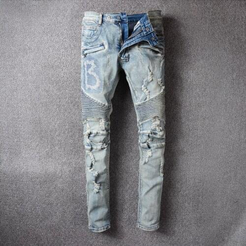 2021 Streetwear Men Jeans Retro Blue Destroyed Ripped Jeans Men Hip Hop Pants Embroidery Spliced Designer Biker Jeans Homme