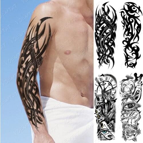Tattoo Sleeve False Hand Shoulder Temporary Tattoo For Men Women Big Linear Geometric Black Fake Stickers Snake Henna Tattoos