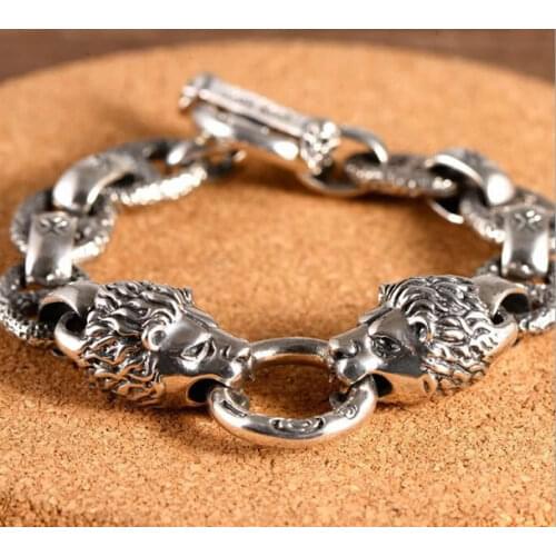 New Arrival S925 Silver Bracelet Mens lion Head Bracelet Heavy Gold 52g