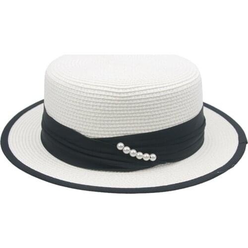 Women hats solid khaki white black sun hat band pearl elegant flat top outdoor sun protection beach fashionable women summer hat