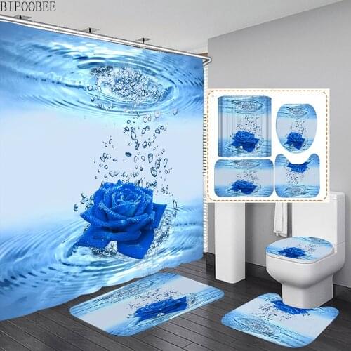 Blue Rose Fabric Shower Curtains Water Flowers Pattern Bathroom Curtain Bath Mat Set Non-Slip Pedestal Rug Toilet Lid Cover Mats