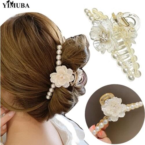 Chic Pearls Hair Claws for Women Girls Elegant White Rose Barrette Hair Clips Temperament Hairpins Crab Headwear Jewelry 1Pcs