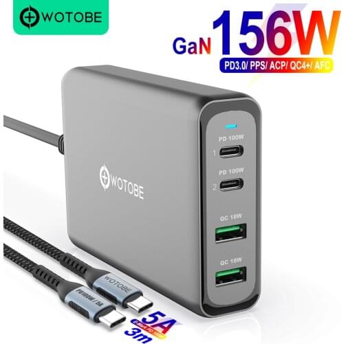 WOTOBE 156W GaN Charger USB-C Power Adapter,4-port PD100W PPS 65W 45W QC4.0 for MacBook iPhone Samsung HP Dell XIAOMI Laptop
