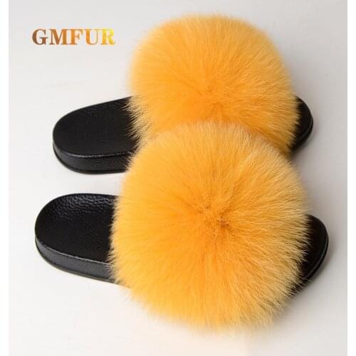 100% Real Fox Fur Slides Summer Women Indoor Home Furry Platform House Fuzzy Slippers Luxury Fluffy Flip Flops Plush Cute Shoes