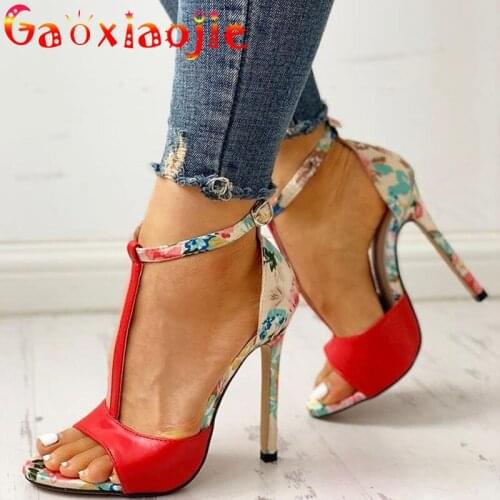 Gaoxiaojie 2021 Fashion T-Strap Women Shoes 9CM Printing Cover Heel Buckle Strap Stilettos Summer Sexy One Word Band Sandals