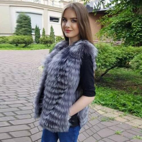Women Natural Fur Vest Real Silver Fox Fur Gilet Female Genuine Fur Waistcoat Plus Size Jacket Sleeveless Coat High Quality