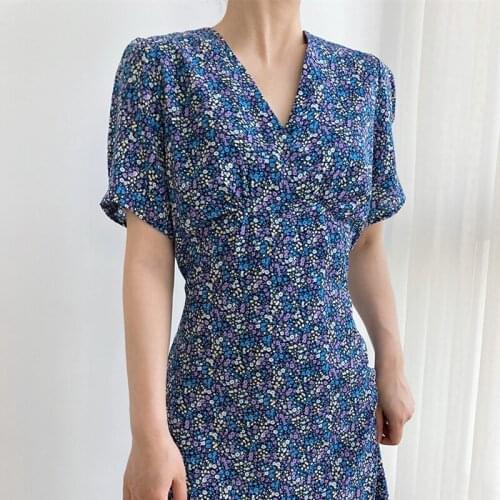 2021 New Summer Elegant Ladies Dress Slim Print Women Dresses Cotton V Neck Fashion Casual High Quality Female Dress T325