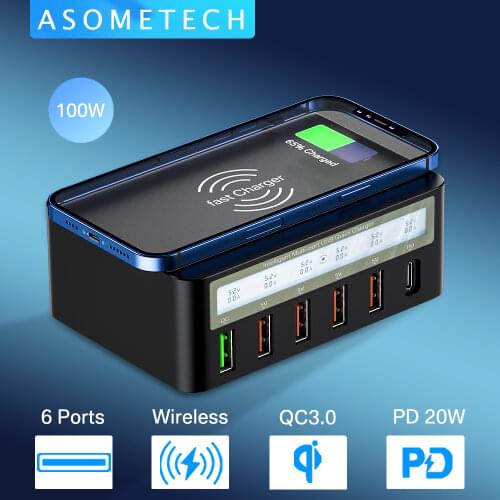 100W Multi USB Phone Charger Type C Adapter for iPihone Samsung Fast Wireless Chargers LED USB C Charger Multiple Quick Charge