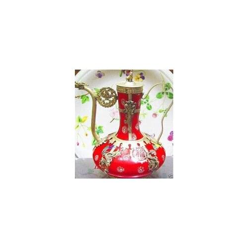 2pcs Red Porcelain Tibet Silver Dragon Teapot Monkey Lid Marble Art Rare Vintage Garden Decoration 100% Tibetan silver brass