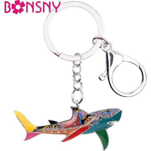 Bonsny Enamel Shark Key Chain Key Ring Handbag Bag Charm Alloy Keychain New Fashion Accessories Ocean Animal Jewelry For Women