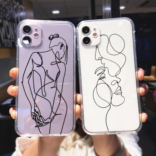 Abstract Geometric Line Phone Case for IPhone 12 11 Pro X XR XS Max SE2 6 7 8 Plus 7Plus 8Plus Art Line Face Transparent Cover