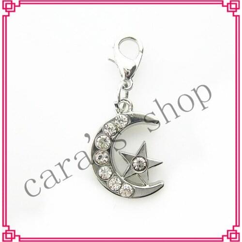 Hot selling crystal star with moon dangle charms lobster clasp charms for floating lockets pendant charms diy jewelry
