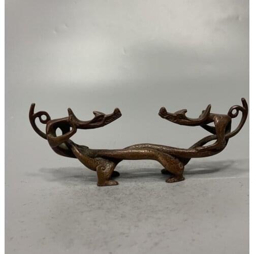 China brass archaize double dragon Pen rack crafts statue