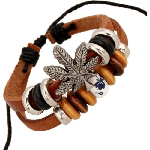 Fashion Vintage Beads Genuine Leather Bracelet for Women Men Maple Leaf Charms Multi-layer Wrap Bangle Wristband Hippie Jewelry